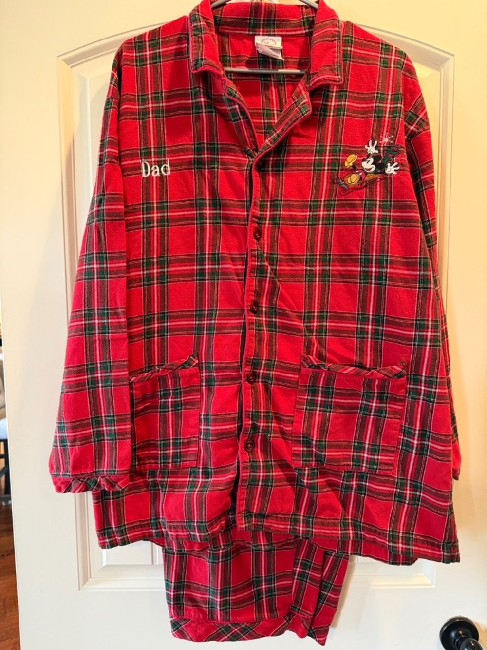 The Disney Store Christmas Red Plaid Button-Up Pajama Set with Dad Monogram XL
